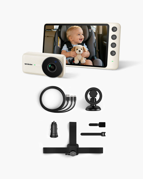 WEMOH baby car monitor kit with camera, screen, magnetic mount, and car accessories.