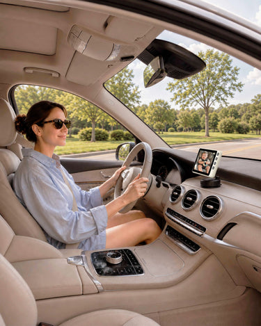 Mom driving with a WEMOH baby car monitor displaying a rear-facing baby for safer, hands-free family travel.