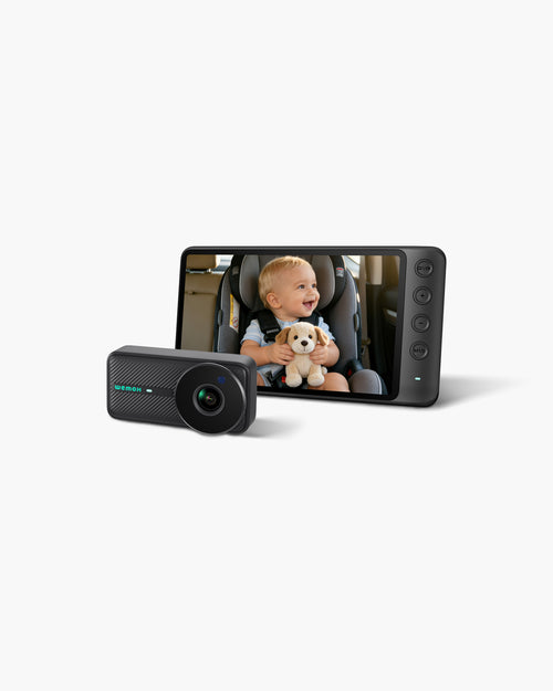 WEMOH C1 black single-camera baby car monitor showing a baby in a rear car seat on screen.