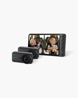 WEMOH C1 dual-camera baby car monitor in black with two cameras and display for rear-seat viewing of two children.