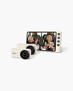 WEMOH C1 dual-camera baby car monitor in white with two cameras and display for rear-seat viewing of two children.