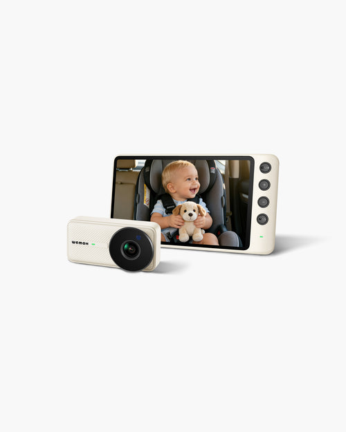 WEMOH C1 white single-camera baby car monitor showing a baby in a rear car seat on screen, isolated on white background.