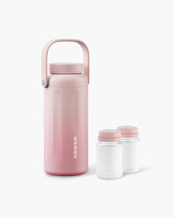 WEMOH F1 breast milk cooler in dusty rose with two storage bottles, designed for portable milk storage, travel, and pumping moms.