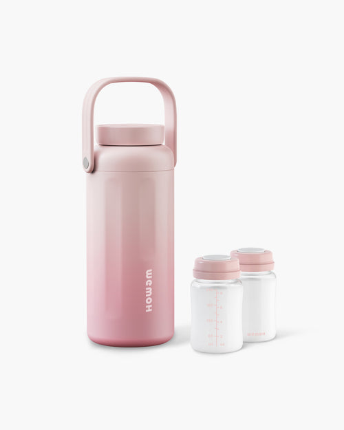 WEMOH F1 breast milk cooler in dusty rose with two storage bottles, designed for portable milk storage, travel, and pumping moms.
