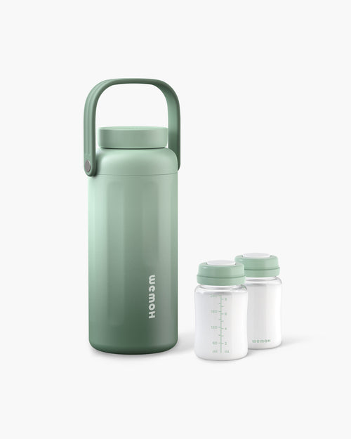 WEMOH F1 breast milk cooler in green with two storage bottles, designed for portable milk storage, travel, and pumping moms.