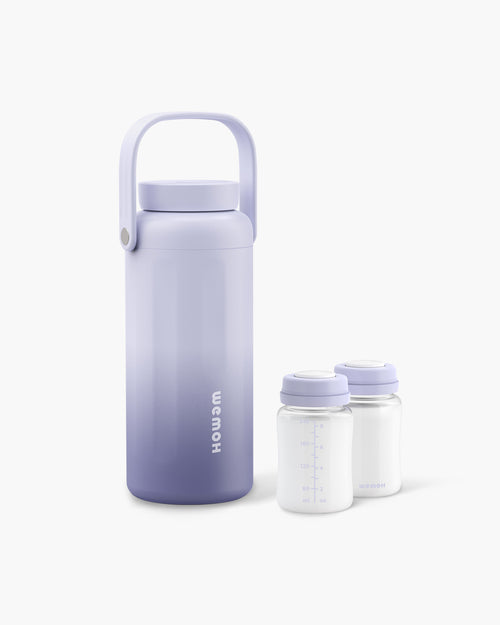 WEMOH F1 breast milk cooler in lavender mist with two storage bottles, designed for portable milk storage, travel, and pumping moms.