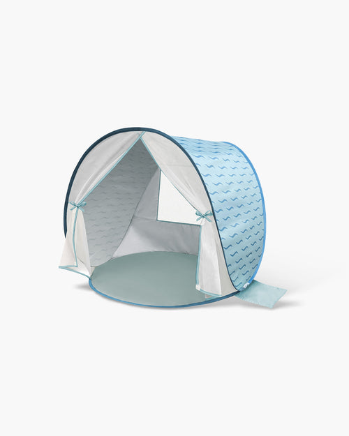 WEMOH T1 pop up baby beach tent in blue with UPF 50+ sun protection, mosquito net, and foldable outdoor design.
