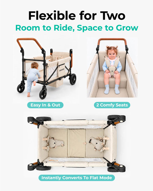 WEMOH W1 2-seater stroller wagon with two comfy seats, easy child access and flat mode