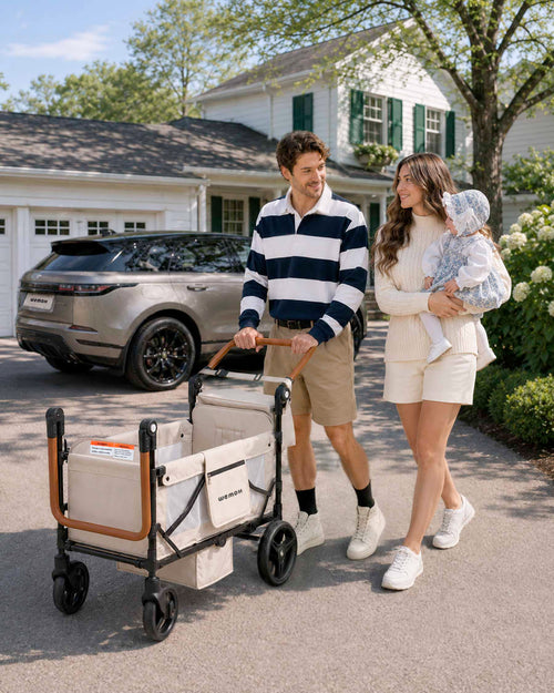 Family walking with the WEMOH W1 2-seater stroller wagon on a suburban driveway for everyday outings