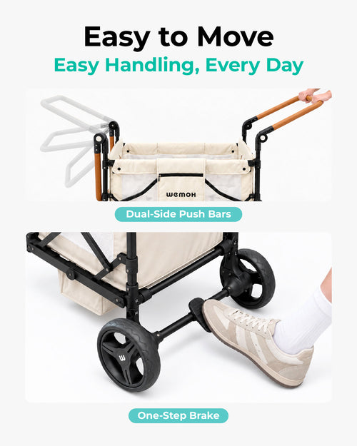 WEMOH W1 stroller wagon with dual-side push bars and one-step brake for easy everyday handling