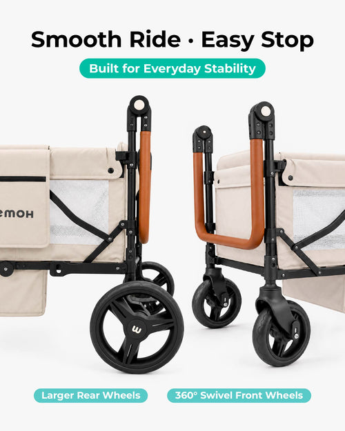 WEMOH W1 stroller wagon with 360 degree swivel front wheels and larger rear wheels for smooth everyday rides