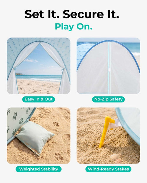 WEMOH T1 baby beach tent with easy setup, sand pockets, and stakes.
