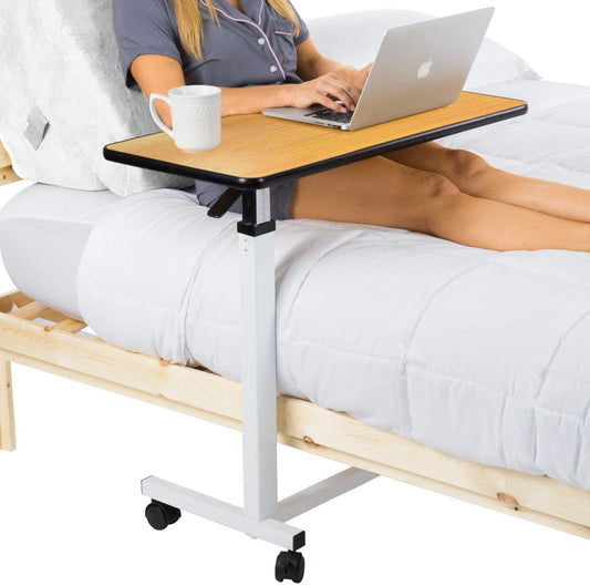 Wemoh Overbed Table (XL) - Hospital Bed Table - Swivel Wheel Rolling Tray - Adjustable Over Bedside Home Desk - Laptop, Reading, Eating Breakfast Cart Stand - Bedridden, Elderly, Senior Patient Aid